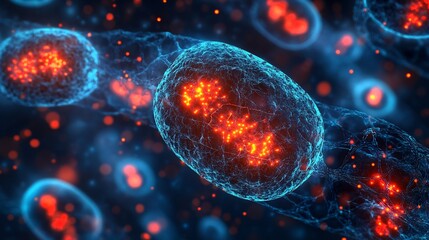 Mitochondrial disease mutation visualization glowing red errors DNA