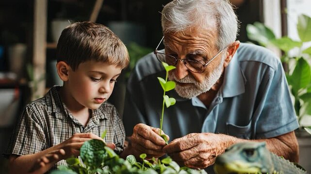 Grandfather and Grandson Examining Plants Together