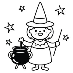 Adorable Little Witch with Cauldron | Cute Halloween Line Art