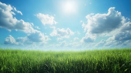 Obraz premium Lush Green Meadow Under Bright Blue Sky with Fluffy White Clouds