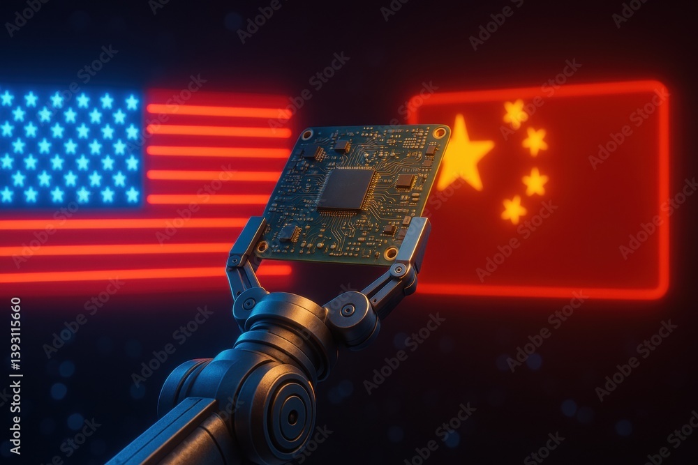 Poster a robotic arm holds a circuit board in front of illuminated flags representing the usa and china, sy