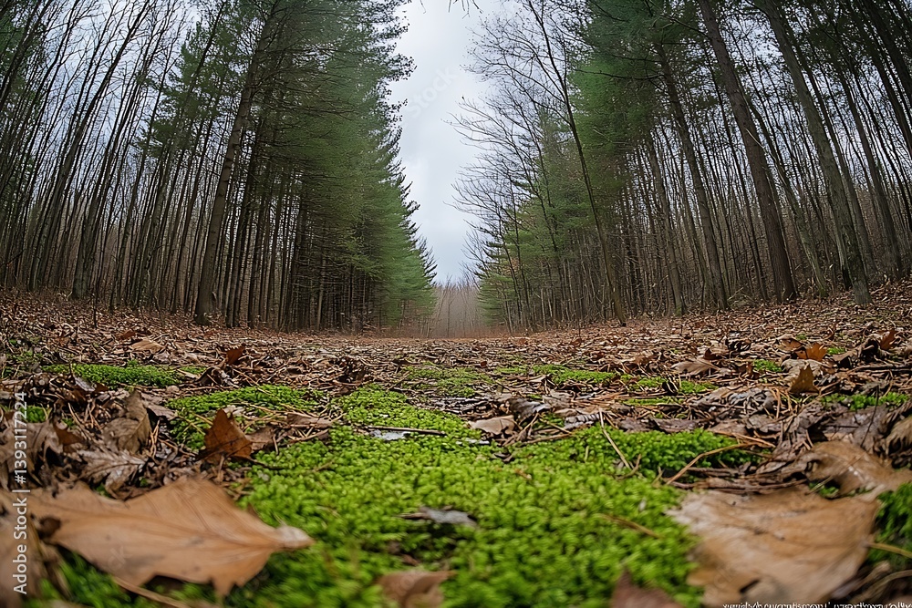 Aufkleber forest floor view with moss and leaves fisheye lens perspective of autumn woodland scene : generativ