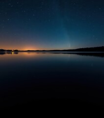 Serene night lake, stars reflected in calm water, soft light glow, night scene, scenic, landscape