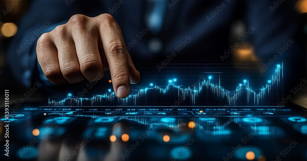 Aufkleber Financial Stock Market Analysis with Glowing Chart Display on Tablet and Businessman Hand Pointing at Data Trends : Generative AI