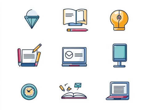 Illustrate modern icons for online education platforms highlighting features like interactive learning modes virtual collaboration tools online resource centers