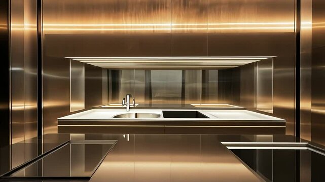 Modern bronze kitchen interior with sleek appliances and mirrored wall
