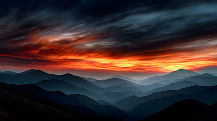 A dramatic view of mountain ridges silhouetted against a fiery sky, the fading light creating an otherworldly atmosphere over the landscape.A dramatic view of mountain ridges silhouetted against a fie
