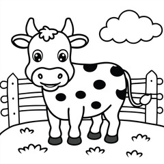 Cute cartoon calf, a happy dairy animal vector illustration on the farm coloring page