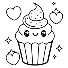 Kawaii coloring pages delicious pink cupcake vector illustration with sweet cream and a cherry, perfect for a birthday celebration