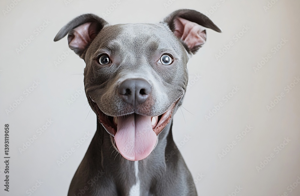 Poster happy blue pit bull portrait close up of a smiling dog with tongue out expressing joy and playfulnes