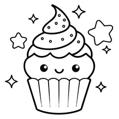 Kawaii coloring pages delicious pink cupcake vector illustration with sweet cream and a cherry, perfect for a birthday celebration
