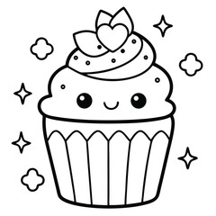 Kawaii coloring pages delicious pink cupcake vector illustration with sweet cream and a cherry, perfect for a birthday celebration