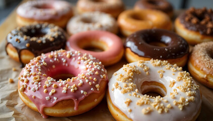 Delicious Assorted Donuts with Colorful Glaze and Sprinkles on Display