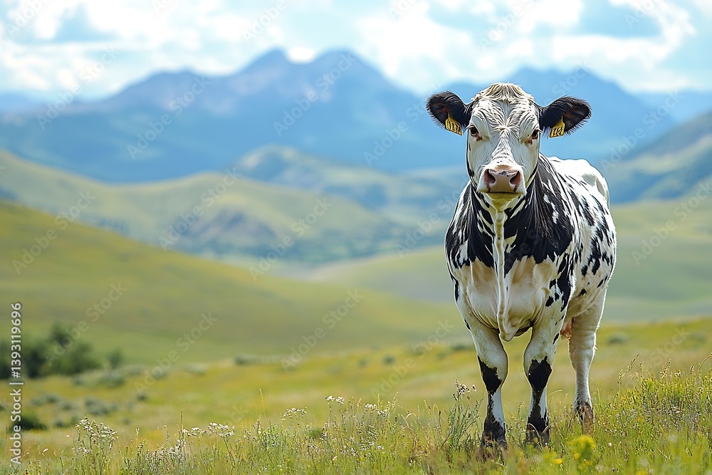 Aufkleber spotted cow standing in green pasture with mountain backdrop rural farm scene dairy cattle grazing i