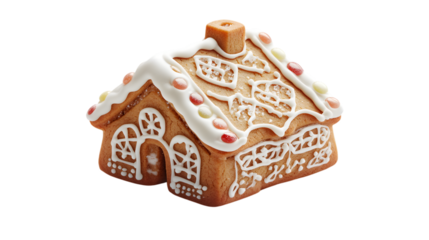 A charming gingerbread cookie shaped like a festive house, decorated with white icing and candy details, isolated on a white background.