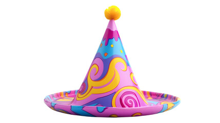 A festive birthday party hat with vibrant colors and a playful design, isolated on a white background.