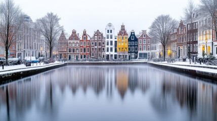 Obraz premium Canal houses in winter wonderland. Snowy European cityscape reflected in tranquil water