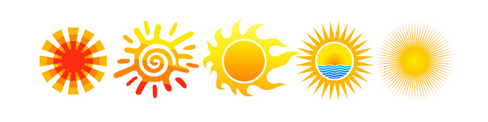 Set of creative Sun shapes. Artistic sun concept. Branding idea. Yellow and orange sunrise or sunset elements. Sunshine isolated design. Cartoon element. Flat silhouette and 3D template.