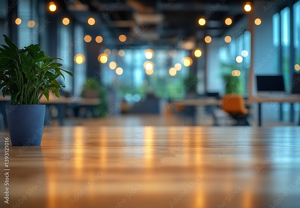 Aufkleber blurred office space with plant in foreground empty desks and bokeh lights modern workplace corporat