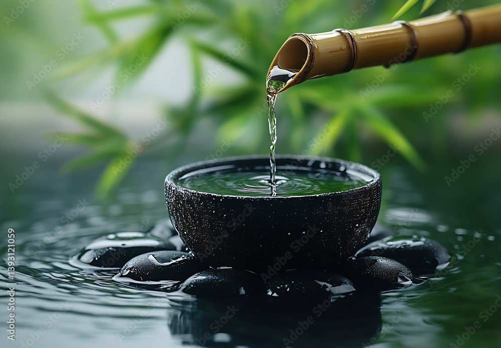 Poster zen garden water feature with bamboo spout and smooth black stones serene setting for relaxation and