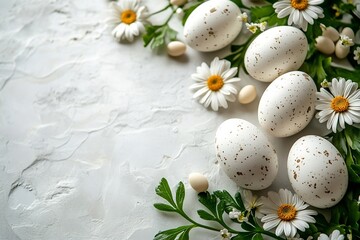 Fototapeta premium Elegant Easter Composition with Speckled Eggs and Delicate Daisy Flowers Fresh Spring Decoration Table Top Still Life : Generative AI