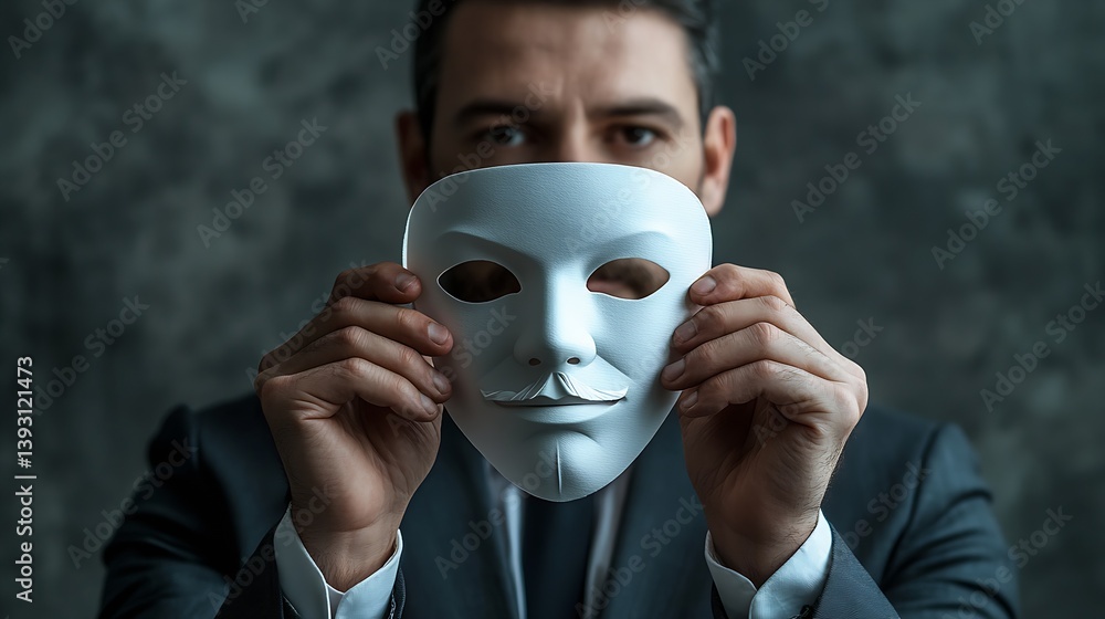 Poster person holding a white mask representing duality and mystery with a dark textured backdrop : generat
