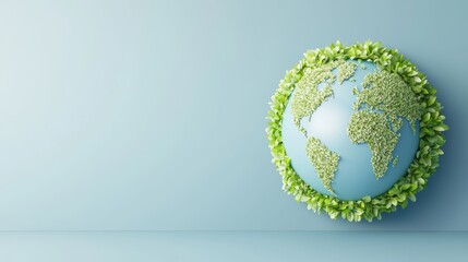 Earth Globe made of green plants and flowers, representing sustainability and environmental care.