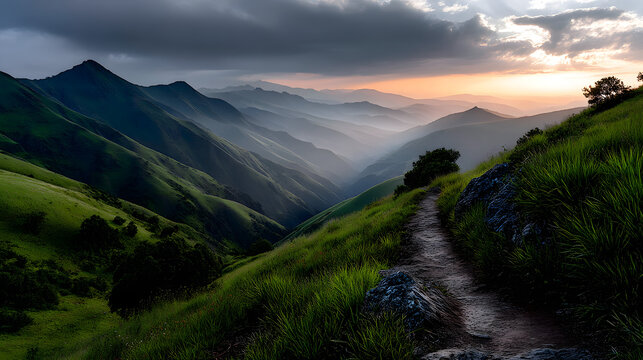A hiking trail winding through rolling hills and meadows, with the soft glow of the sunset illuminating the path and distant peaks shrouded in mist.A hiking trail winding through rolling hills and mea