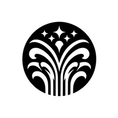 Black and White Abstract Emblem of Fireworks & Stars, Minimalist Design