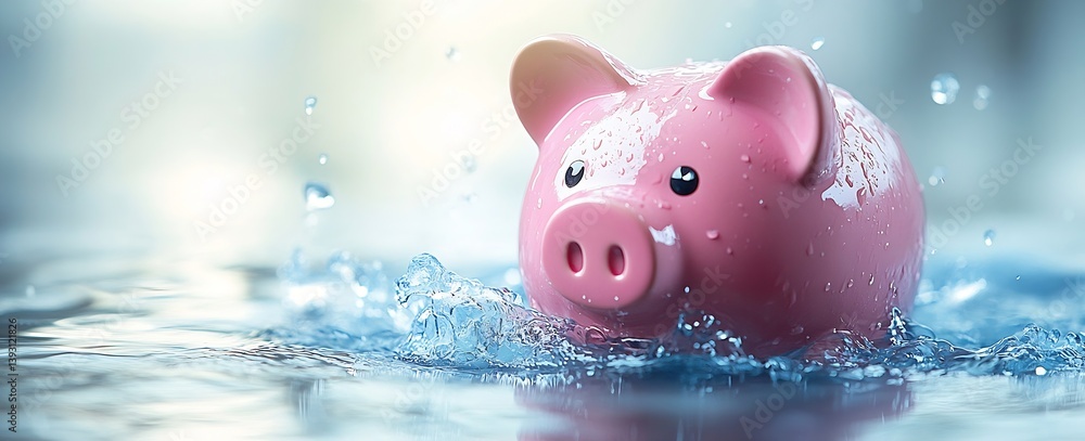 Poster Pink Piggy Bank Surrounded by Water Splashes Emphasizing Saving Money and Financial Security in a Fun Way : Generative AI