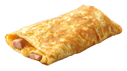 A ham and cheese omelette folded neatly on a white background