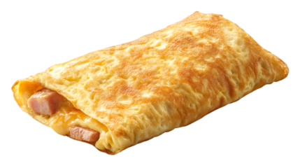 A ham and cheese omelette folded neatly on a white background