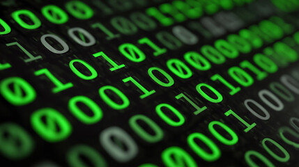 Digital binary code displayed on a screen in green  