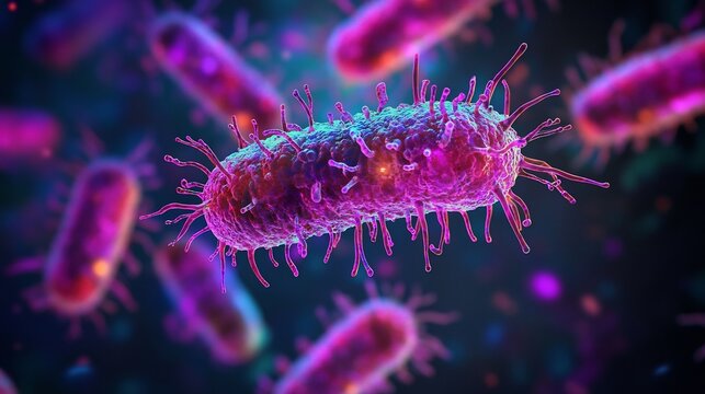 T4 phage infecting E coli bacteria microscopic warfare digital art neon highlight