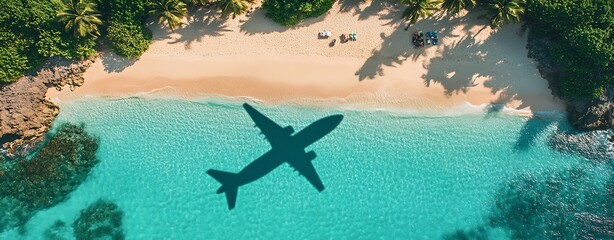 Tropical Getaway Airplane Shadow on Turquoise Water Beach Paradise Vacation Travel Destination Aerial View : Generative AI