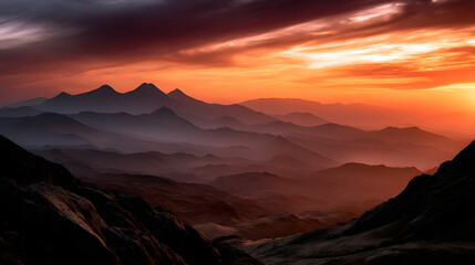 Naklejka premium A magical landscape as the silhouette of mountains stands against a glowing red and golden sky, with the fading light creating long shadows over the land.A magical landscape as the silhouette of mount