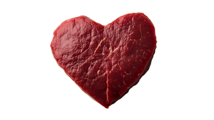 A heart-shaped raw red meat chunk, freshly cut with visible texture, placed on a white background.