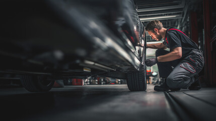 Mechanic working diligently on a car in a garage  