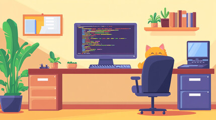 Cozy home office setup with coding on screen, a cat, and plants in a bright, inviting atmosphere