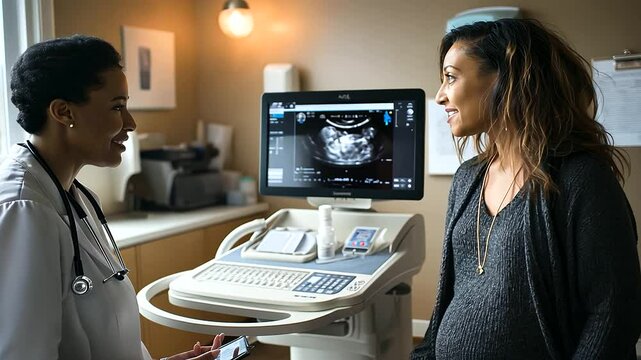 Doctor showing ultrasound screen to pregnant woman in exam room