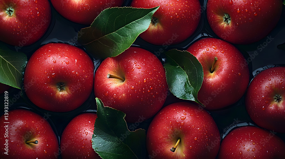 Poster red apples with leaves, closeup with top view, red apple patterns, top view of bright ripe fragrant 