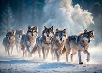 Naklejka premium Majestic Wolves in a Snowy Mist A Captivating Wildlife Photograph of Elegant Canines in a Winter Wonderland