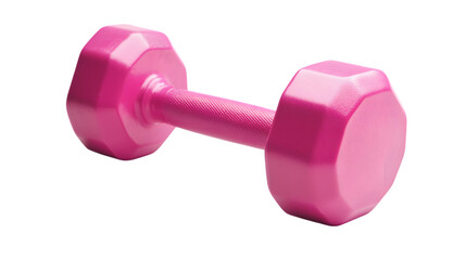 A pink dumbbell for a workout session on a white background