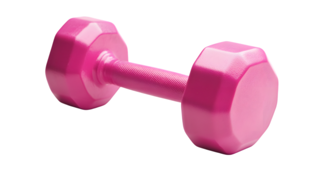 A pink dumbbell for a workout session on a white background