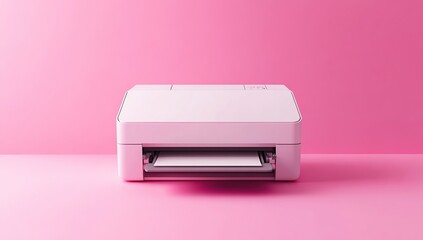 Photo of a printer on a pink background, front view with soft lighting and shadows
