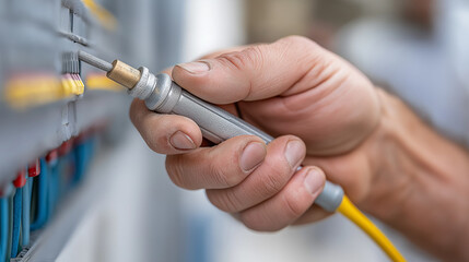Hand using a multimeter to test electrical connections  