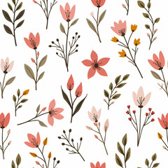 Seamless floral pattern, seamless pattern with poppies, Seamless floral pattern, Floral colorful seamless Pattern. Hand drawn Flowers and branches in Scandinavian style. Spring summer plants botanic