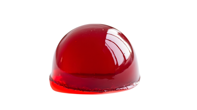 A rich strawberry jelly dessert, shaped into a smooth dome, glistening on a white background.