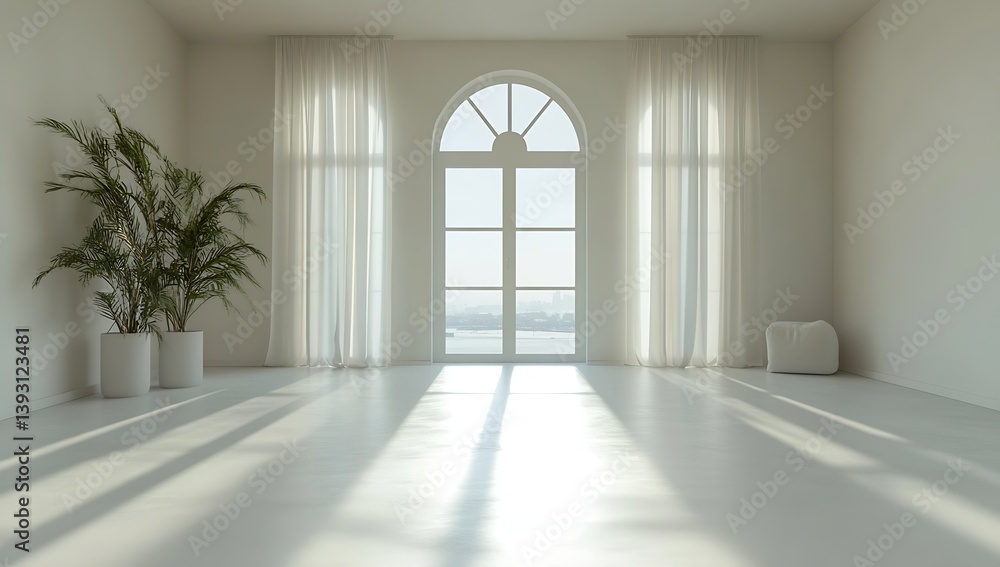 Poster minimalist white interior design empty room with large window curtains and plant natural light spaci