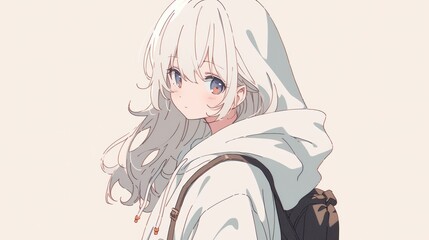 Serene Anime Girl: A White-Haired Beauty in a Hoodie